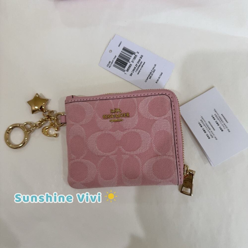 NWT Coach Small Corner Zip Wallet Signature Denim Charms CEU98 Gold/Light Pink